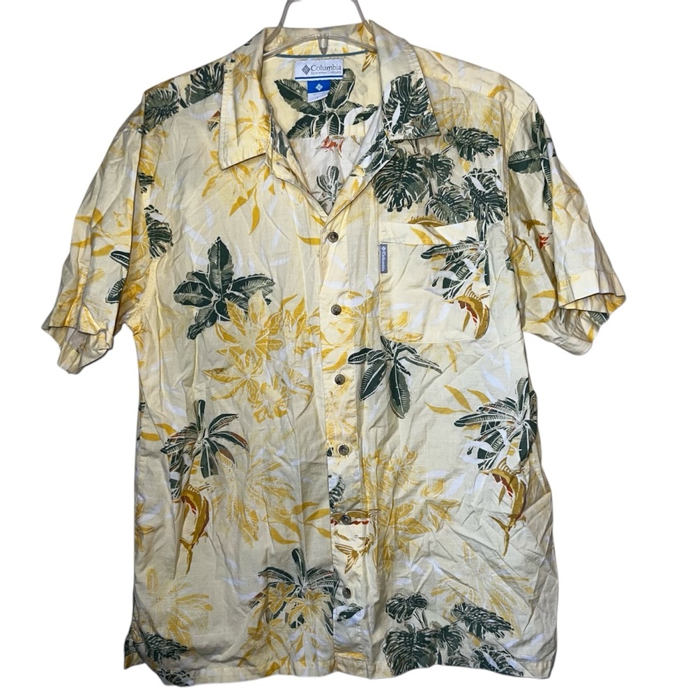 Columbia Men’s Hawaiian Tropical Yellow Floral Button Front Shirt Size Large